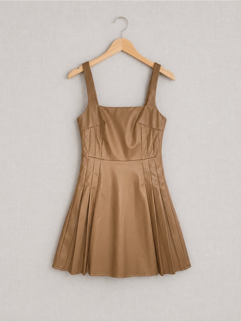 Love Tree Tan Faux-Leather Pleated Midi Dress